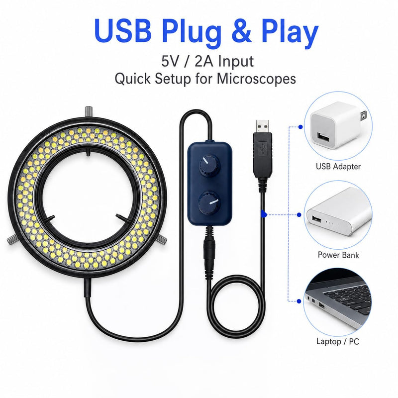 Microscope LED Ring Light Illuminator, USB 5V 144 LED Color Temperature Adjustable, 4 Zone RGB, Focus Lamp Source for Monocular Binocular Trinocular Stereo Microscope Vision Scientific (144 CW WW) 144 LED CW WW