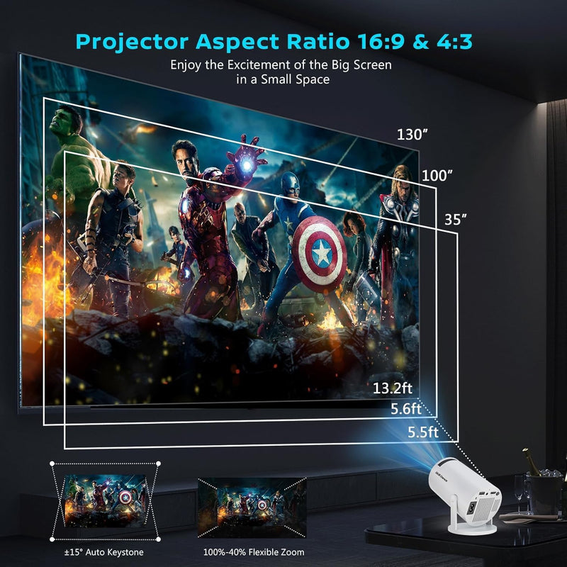 Mini Projector with WiFi 6 & Bluetooth 5.3, Smart Portable Projector 4K Support 200ANSI, Auto Keystone, 180° Rotatable, Android 11 Home Outdoor Movie Projector HY300pro+