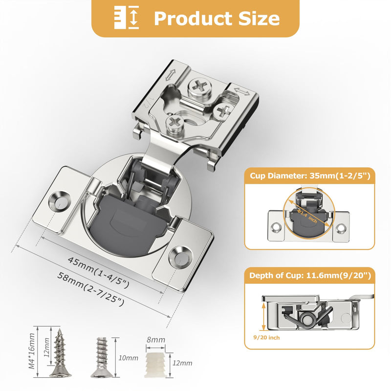 FURNIWARE 10 Pieces Soft Closing Cabinet Hinges, 1/2 inch Overlay Cabinet Hardware Hinges Nickel Plated- 105 Degree 1/2" 10 Pack