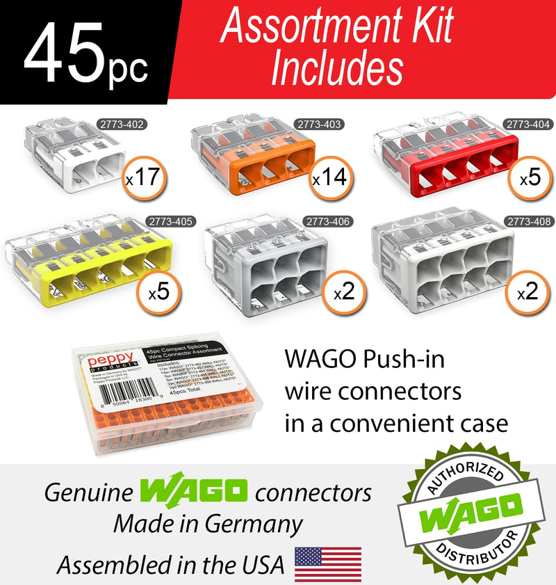 Wago 2773 Wall Nuts 45pc Push-in Wire Connector Assortment Kit with Case | Splicing for Solid and Stranded Electrical Conductors | 2773-402, 2773-403, 2773-404, 2773-405, 2773-406, 2773-408 45pc Kit