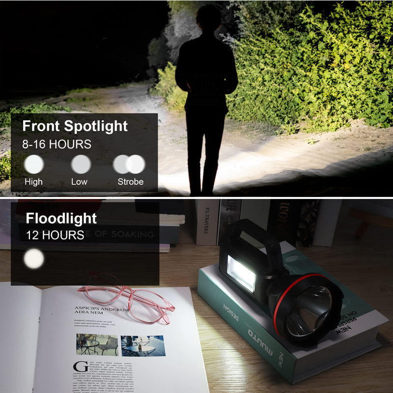 Rechargeable Spotlight Flashlight, High Lumens Handheld Spotlight,LED Searchlight with Shoulder Strap and USB Output for During Hurricane,Emergency, Storms,Hunting , Hiking, Camping(Black Pack of 2) Black2
