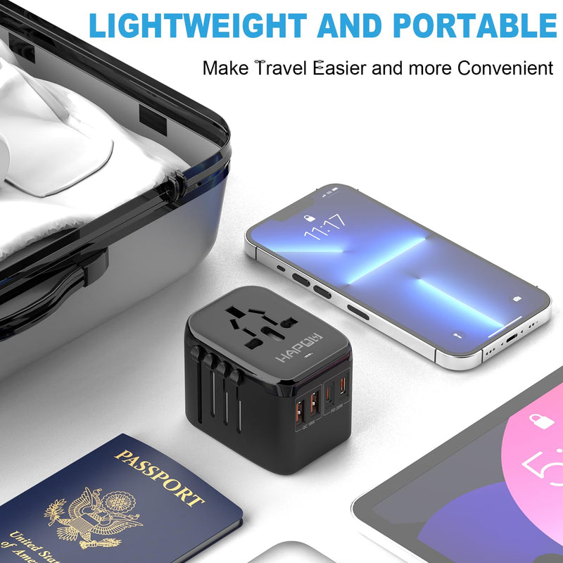 Universal Travel Adapter, PD20W International Power Adapter, 2 USB-C & 2 USB-A Fast Charging Travel Charger, All in One Worldwide Travel Plug Adapter, Outlet Adapter for Europe EU UK USA AU 2 USB A+2 USB C(PD20W) Black