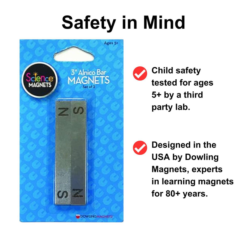 Dowling Magnets 3-Inch Alnico Bar Magnets, Set of Two Magnets (Bar Magnets for Science Classroom) with North and South Poles Clearly Marked/Stamped. Learning Magnets. Item 731011.