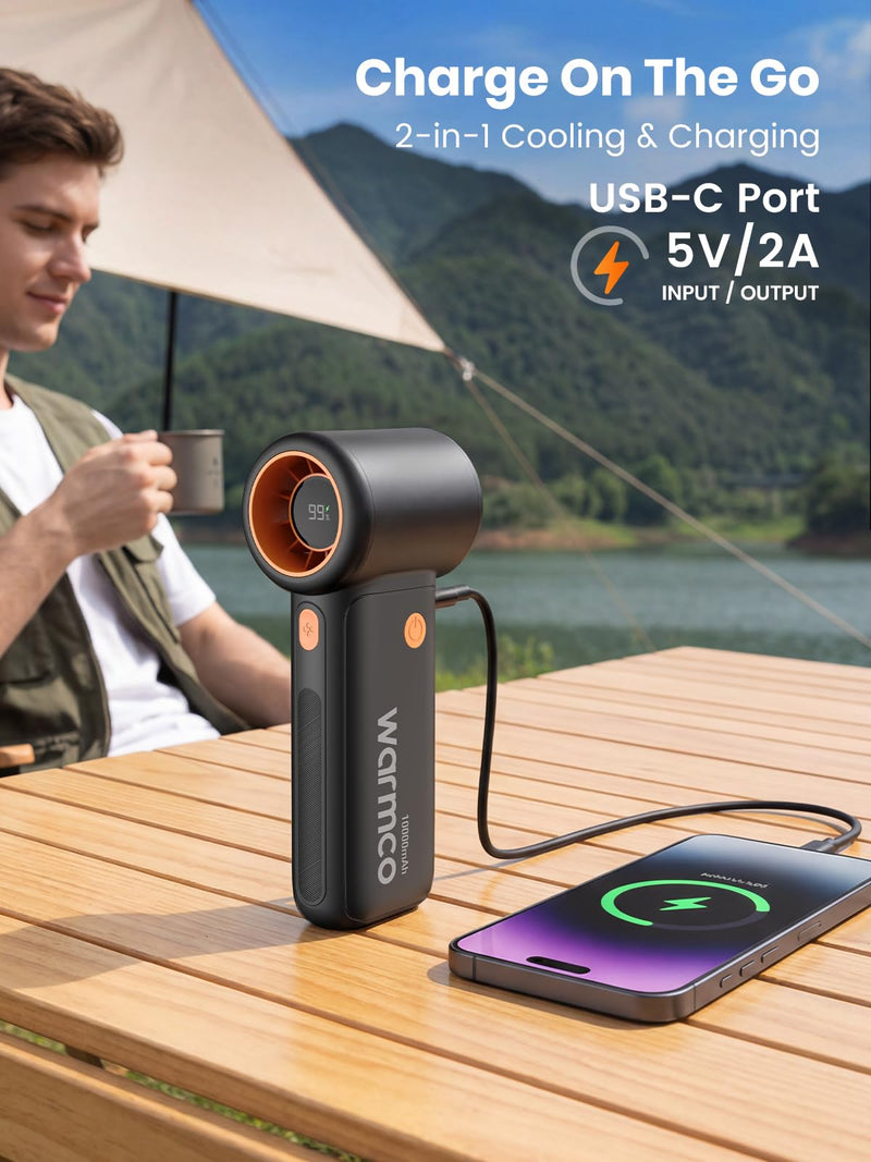 Warmco 10000mAh Turbo Portable Handheld Fan, [36H Long Runtime] USB Rechargeable Personal Mini Fan With 5 Speeds & LED Display for Travel Outdoor, Gift for Men and Women Black