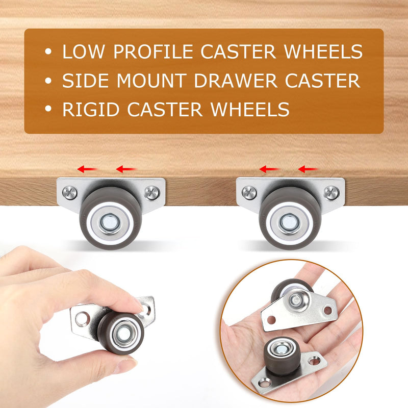 1Inch 8Pcs Mini Low Profile Casters, Small Side Mount Drawer Caster Wheels, Rigid Casters Wheels for Furniture, Underbed Drawers, Trays, DIY Project, Load 24Lbs/Each 8 1.0 Inch Wheel