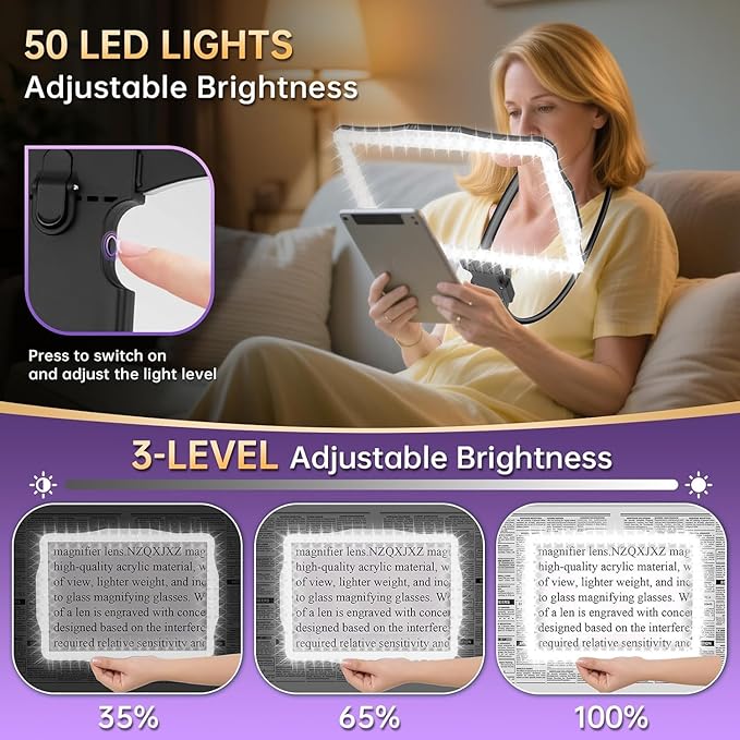 Large Hands-Free Magnifying Glass with 50 Ultra-Bright LED Light, Lightweight Lighted Neck Page Magnifier for Reading Books, Sewing, Knitting, Cross Stitch & Crafts for Close Work for Seniors