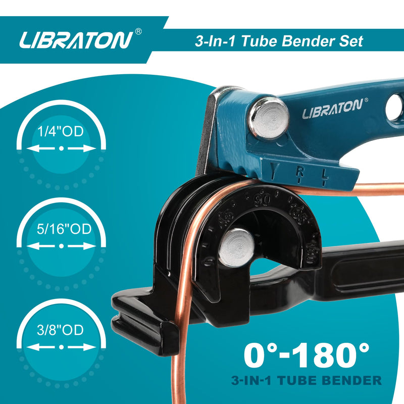 LIBRATON Tube Bender, Copper Tubing Bender 180 Degrees, 3-in-1 Manual Tubing Bending Tool 1/4", 5/16", 3/8", Copper Tube Bender Set with Mini Tube Cutter & Deburring Tool, for Aluminum Brass Pipes