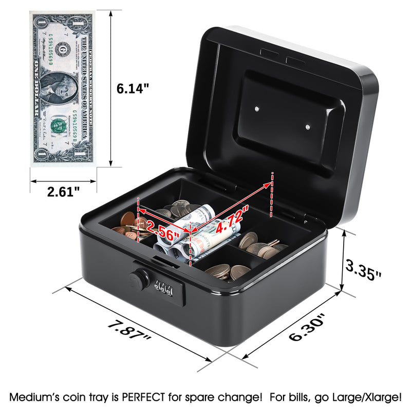KYODOLED Cash Box with Combination Lock Safe Metal Money Box with Money Tray for Security Lock Box 7.87"x 6.30"x 3.35" Black Medium