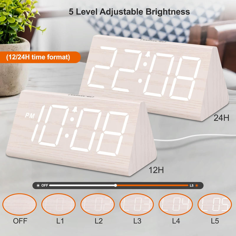 DreamSky Wooden Digital Alarm Clock for Bedroom - Living Room Desk Clock with Large Numbers, Bedside Nightstand Clock with USB Port, Adjustable Volume, Dimmer, DST, Office Wood Décor, Adapter Powered White (Plug-in)