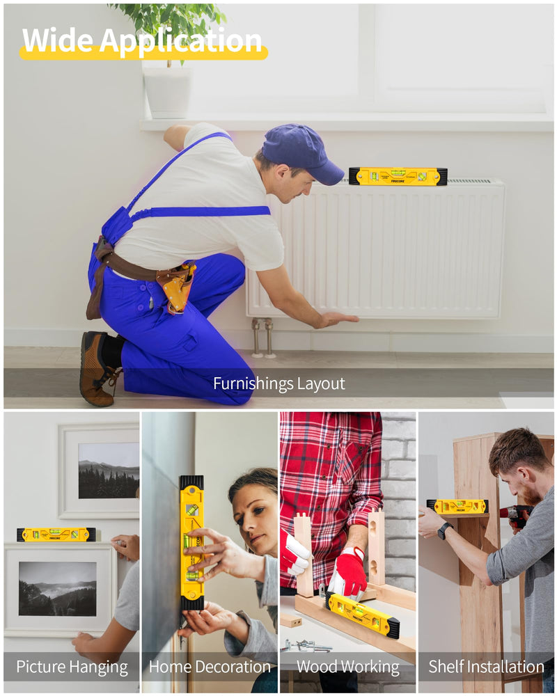 Torpedo Level Magnetic, Firecore 9 Inch Shockproof Small Leveler Tool with 3 Bubble Spirit Level 45 90 180 Degree, Construction Levelers for Hanging Pictures Install Shelf Home Renovation 1pcs 9“ level