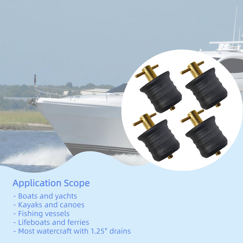 4 Pcs 1.25 Inch Boat Drain Plugs with T Handle, Twist-Turn Seal Design, Sturdy Rubber Plugs for 1-1/4 Inch Drains Locks (Brass)
