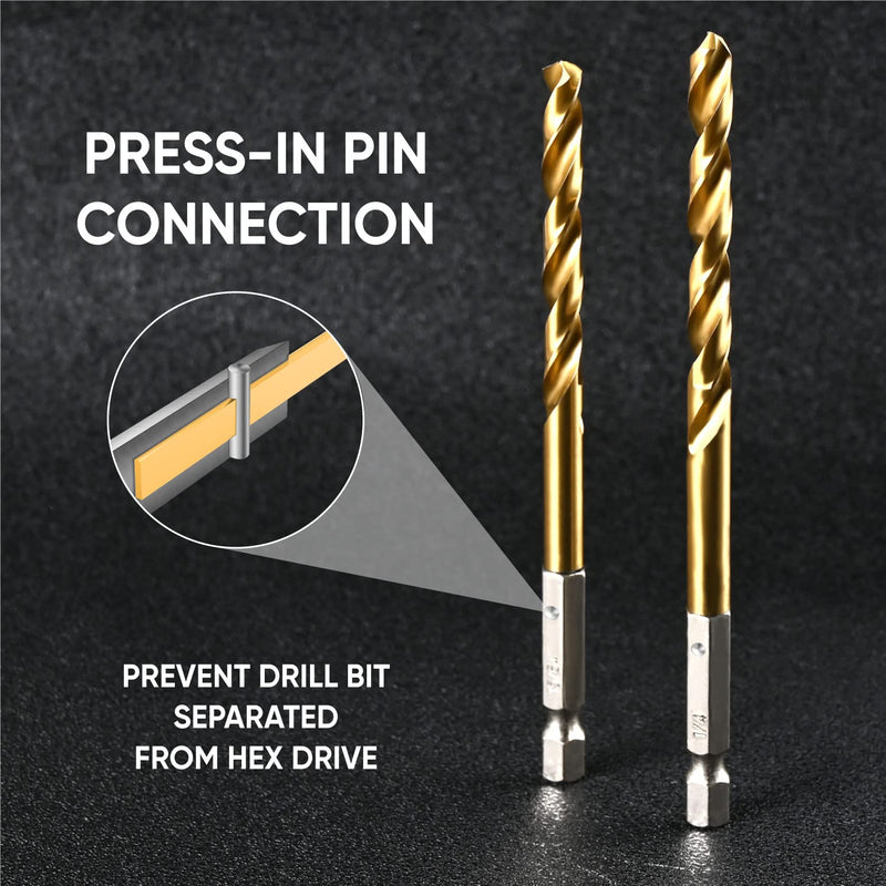 amoolo Hex Shank Drill Bit Set (13Pcs Set+3 Pcs Free), Premium 4341 HSS Titanium Impact Hex Drill Bits for Wood, Steel, Metal, Plastic, Quick Change Design (1/16 -1/4 ) 1/16"-1/4" (13+3pcs)