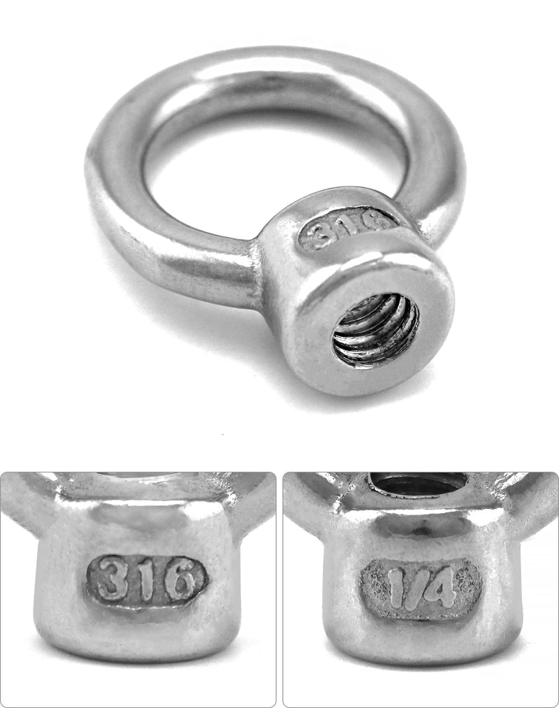 QWORK Lifting Eye Nut, 10 Pack, 1/4" UNC Marine Grade Stainless Steel 316 1/4"