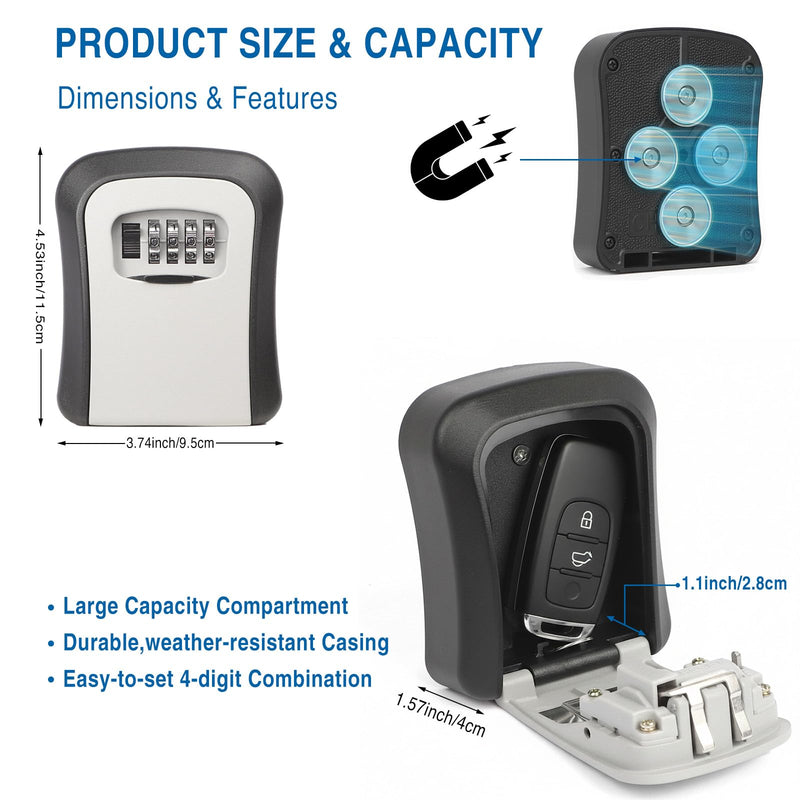 Magnetic Key Box for Under Car, Waterproof Combination Lock Box with Strong Magnets, Resettable 4-Digit Code Holder for Car Truck SUV Outdoor Hide a Key