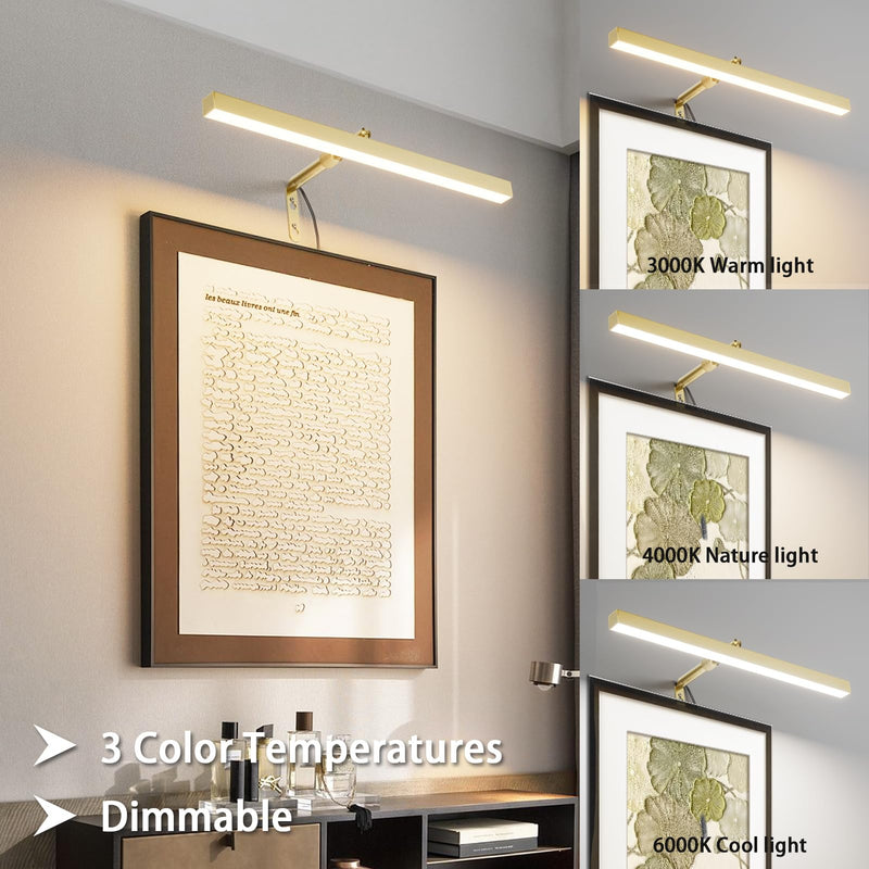 Plug in Picture Lights for Wall, 16 inch Dimmable LED Art Light with Remote, 3 Colour Temperature Gallery Painting Wall Light for Picture Display Dartboard Art Work (Gold) Gold