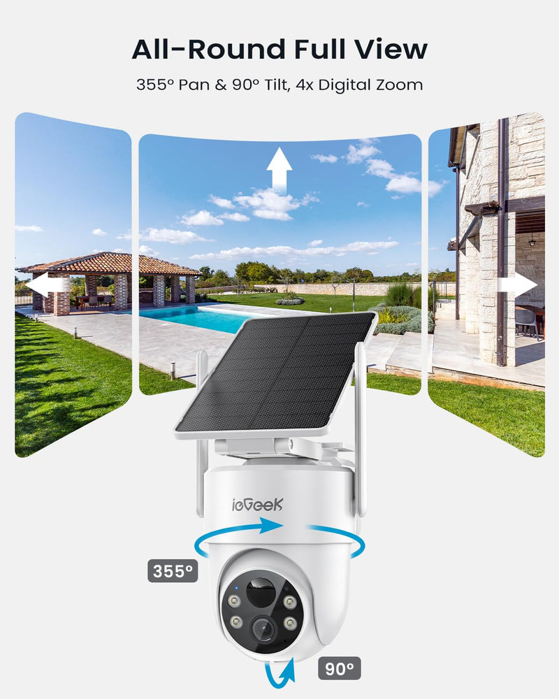 ieGeek Solar Security Camera Wireless Outdoor – 2K 3MP WiFi Camera with Removable Solar Panel, Long Battery Life, 360° Pan Tilt, Color Night Vision, AI Detection, 2-Way Audio, IP65 for Home Security Security White 1 Pack
