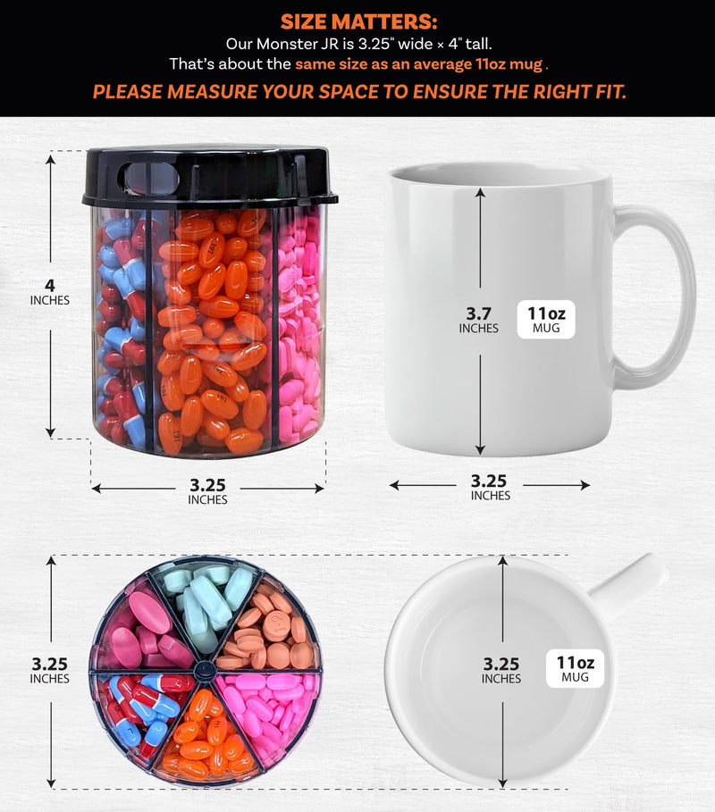 Monster Jr Supplement Pill Dispenser - Holds Small Medium Medication Vitamins and Easily Dispense from One Container Includes Compartment Labels ( 1 Pack) Monster Jr - 1 Pack