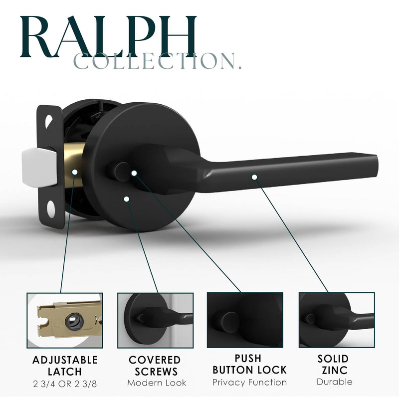Mega Handles Ralph Privacy Door Handle - 1 Pack Reversible Interior Black Door Handle, Heavy Duty Bed & Bath Door Handles with Privacy Door Lock, Fits All Standard Doors - Matte Black