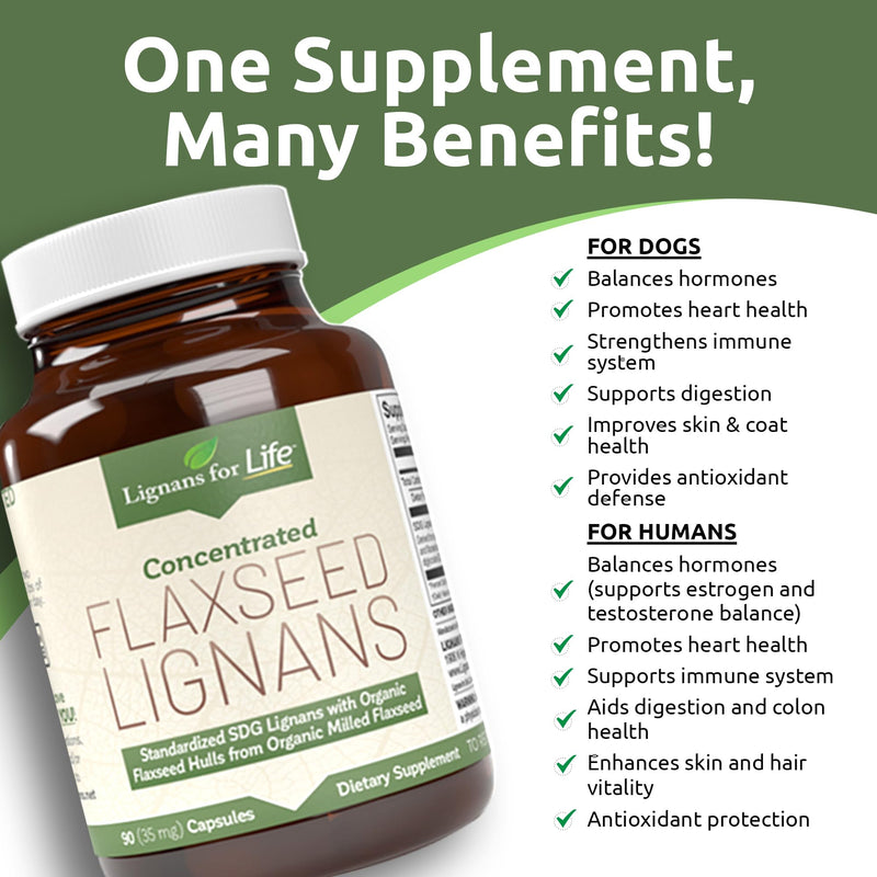 Lignans for Life Flaxseed Lignans for Dogs & People + SDG - Omega 3 Fatty Acids, High Fiber Antioxidants - Improve Shiny Coat, Digestive & Heart Health for Dogs, 35mg, 90 Flaxseed Capsules, 1 Pack 35mg, 90 Capsules, 1 Bottle - PawsPlanet Australia