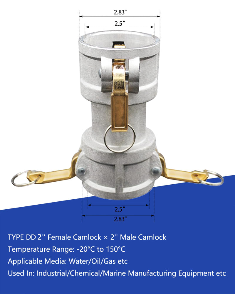 Camlock Fitting Type DD, 2" x 2" Cam Lock with Gasket Seal, Cam and Groove Spool Coupler for Hydraulic Oil Refrigeration Oil Water (2" Female x 2" Female) 2" Female x 2" Female