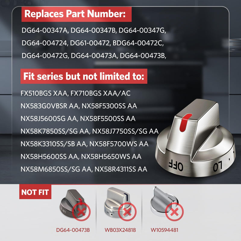 DG64-00473A Upgraded Stove Knob Oven Knobs Replacement Compatible with Samsung Gas Range Oven Stove Part NX58H5600SS NX58H5650WS NX58K7850SS - Top Burner Control Dial Perilla Great Steel 5 Pack Silver