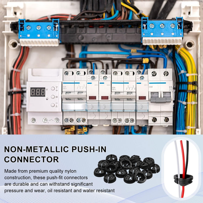 100pcs Push-in Cable Connectors, 3/8 Inch Trade Size Non-Metallic Push In Connector Plastic Electrical Box Wire Inserts Button Push-in NM Cable Clamps Connector for 1/2 Inch Knockouts (Black) Black