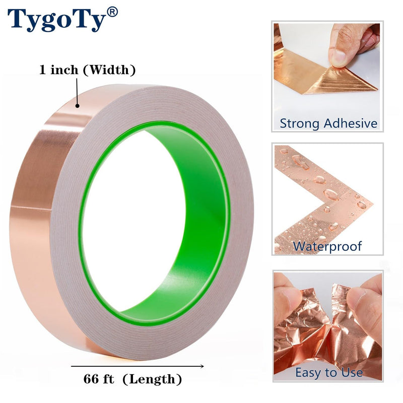 Copper Foil Self-Adhesive Tape 1inch X 66 FT 100% Pure Copper Double-Sided Conductive for Guitar, Stained Glass Soldering, Slugs,EMI Shielding, Crafts DIY, Electrical Repairs and Grounding