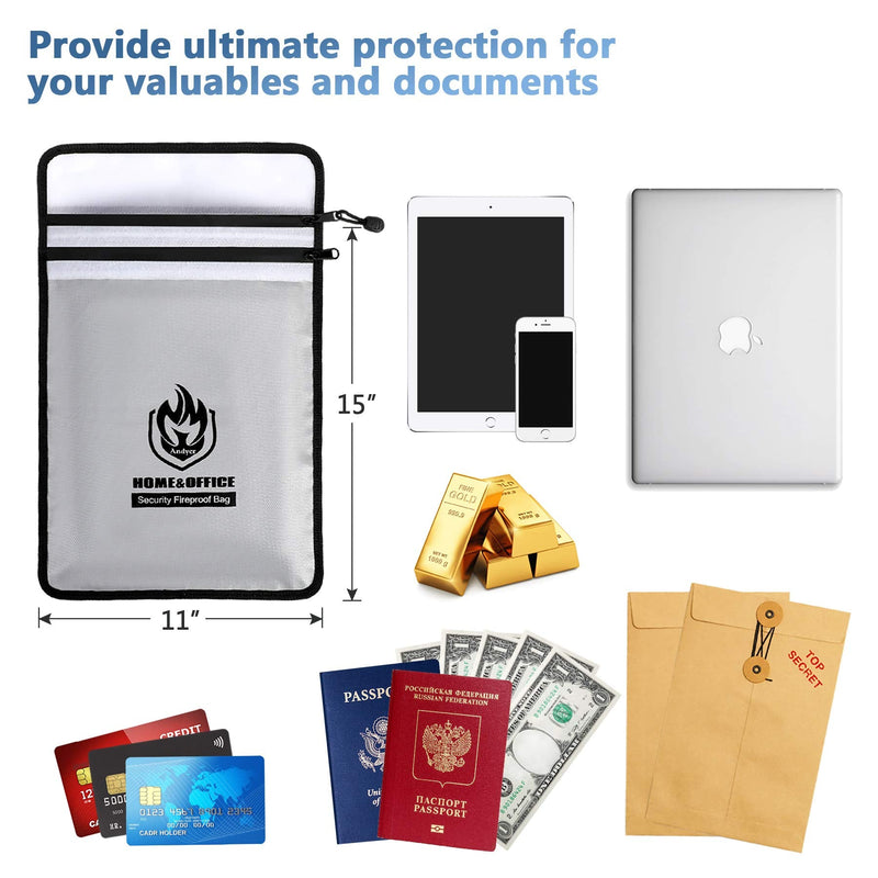Upgraded Two Pockets Fireproof Document Bag (2000℉), andyer 15”x 11”Waterproof Fireproof Money Bag for Cash with Zipper, Important Document Storage Organizer for Valuables, Legal Documents Safe Grey