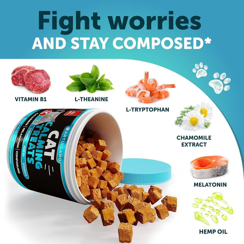 Cat Calming Treats - 2250 mg Hemp Oil per Pack - Stress & Anxiety Relief - Calming Cat Treats with Melatonin - Support Supplement for Vet Visits, Travel, Separation Anxiety, Fireworks - 135 Chews Cat Calming Chews 135 count