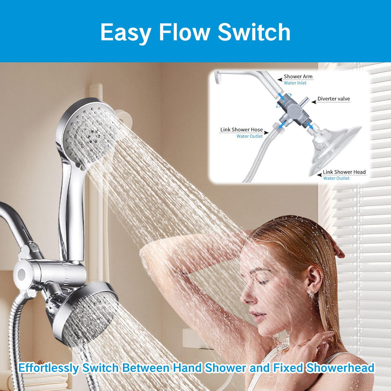 3 Way Shower Diverter Valve 1/2” Three Head Splitter Adapter and Fixed Spray Head with Handheld Cradle Bathroom Accessories for Hand Universal Shower System Replacement (Silvery)