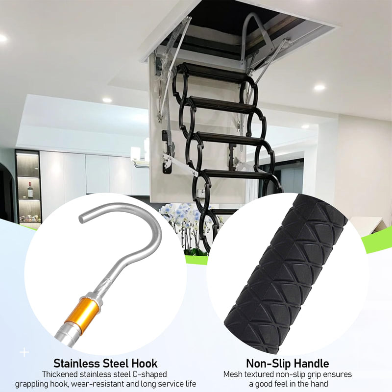Attic Ladder Pull Down System Kit -60 Inch Telescopic Rod with Elegant Aluminum Alloy Handle and Stainless Steel Hook for Easy Rope Replacement
