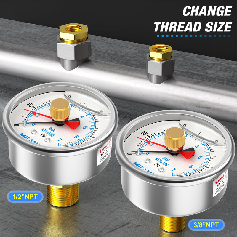 MEANLIN MEASURE 0~100Psi Stainless Steel 1/4" NPT 2.5" FACE DIAL with Reset Pointer Liquid Filled Pressure Gauge WOG Water Oil Air, Lower Mount, with 1/8" x 1/4" NPT and 1/8" x 3/8" NPT Hex Bushing 0-100Psi