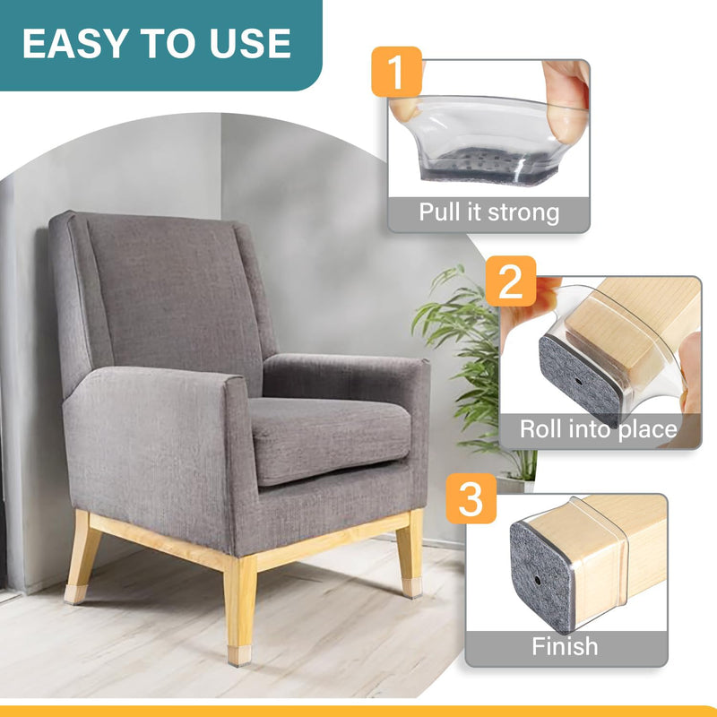24 Pcs Chair Leg Floor Protectors Square, Silicone Felt Furniture Leg Pads Caps Covers for Hardwood Floors (Fit:1-1/16" to 1-5/8") Large-Clear