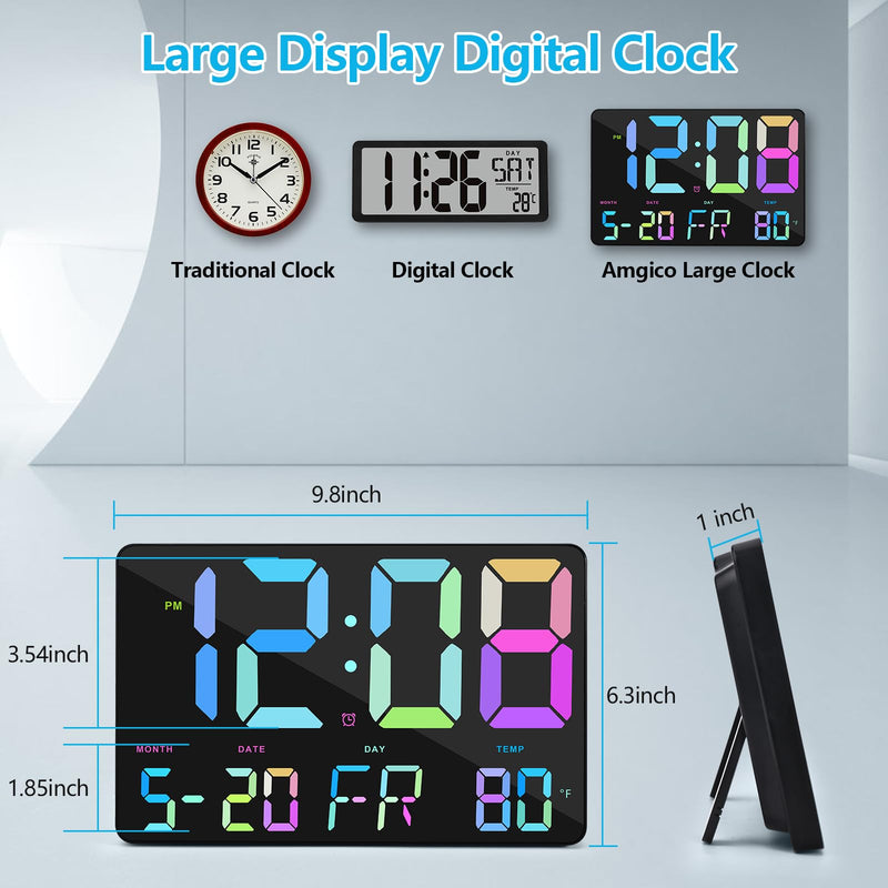 Amgico Digital Alarm Clock with Snooze, Temperature, Auto Dimming, 11.5" Large Display Calendar, Desk/Wall Clock for Bedroom, Living Room, Office, Home, Classroom,Elderly - Rainbow Black-a Rainbow