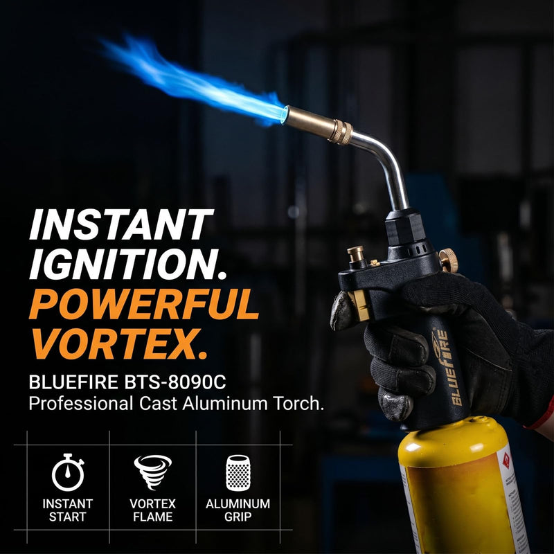 BLUEFIRE BTS-8090 Black Heavy Duty Gas Welding Torch Swirl Flame Head, Auto ON/OFF Trigger Start, Cast Aluminum Body, Compatible with MAPP/MAP-Pro/Propane, Portable Welding Nozzle for 1lb Tanks