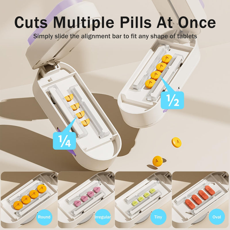 Multiple Pill Cutter - Pill Cutter Splitter for Small Tiny Large Pills Professional | Vertical Press-Down Cutting & Adjustable | Sturdy Blade & Guard | Includes Cleaning Brush (Purple) Purple