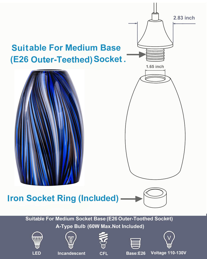 Oval Glass Lamp Shade Only Art Glass Lamp Covers Light Fixture Replacement for Kitchen Island Mini pendant Ceiling Lights Chandelier Hand Blown Glass Shade Replacement (Brown and Blue） Brown and Blue