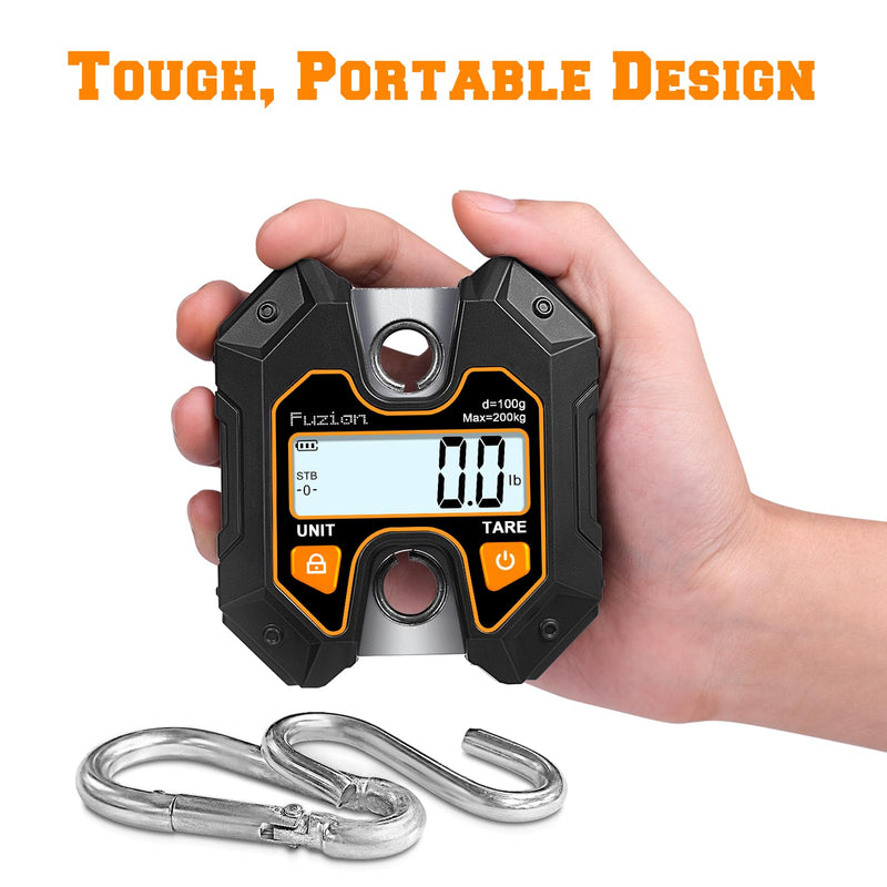 Fuzion Mini Crane Scale - Hanging Scale 440lb/200kg/1960N, Deer Scale with Large LCD Display, Hold & Tare Functions for Hunting, Farms, Fishing, No Setup Required Black+Orange