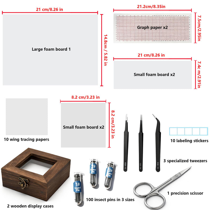 Insect Pinning Kits - Includes 2 Wooden Insect Display Cases, 5 EVA Foam Spreading Boards, Coordinate Paper, Wings Pressing Paper, Insect Pins - Complete Bug Pinning Kit for Beginners