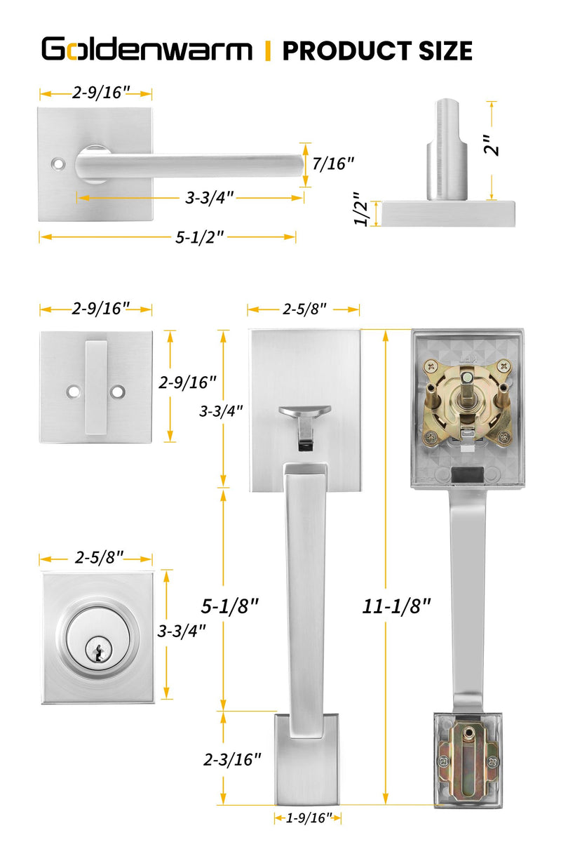 Goldenwarm Front Door Handle and Deadbolt Set, Brushed Nickel Front Door Lock Set with Reversible Handle Lever, Single Cylinder Front Door Handles and Locks Square with Deadbolt