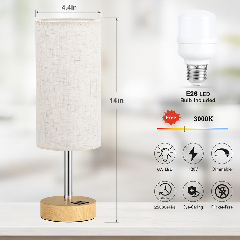 Touch Bedside Table Lamp with USB - 3 Way Dimmable Wood Lamp for Bedroom Nightstand, Desk Lamp with Charging Station for Dorm, Living Room, Office, Kids Room, Nursery, Small Cream & Wooden
