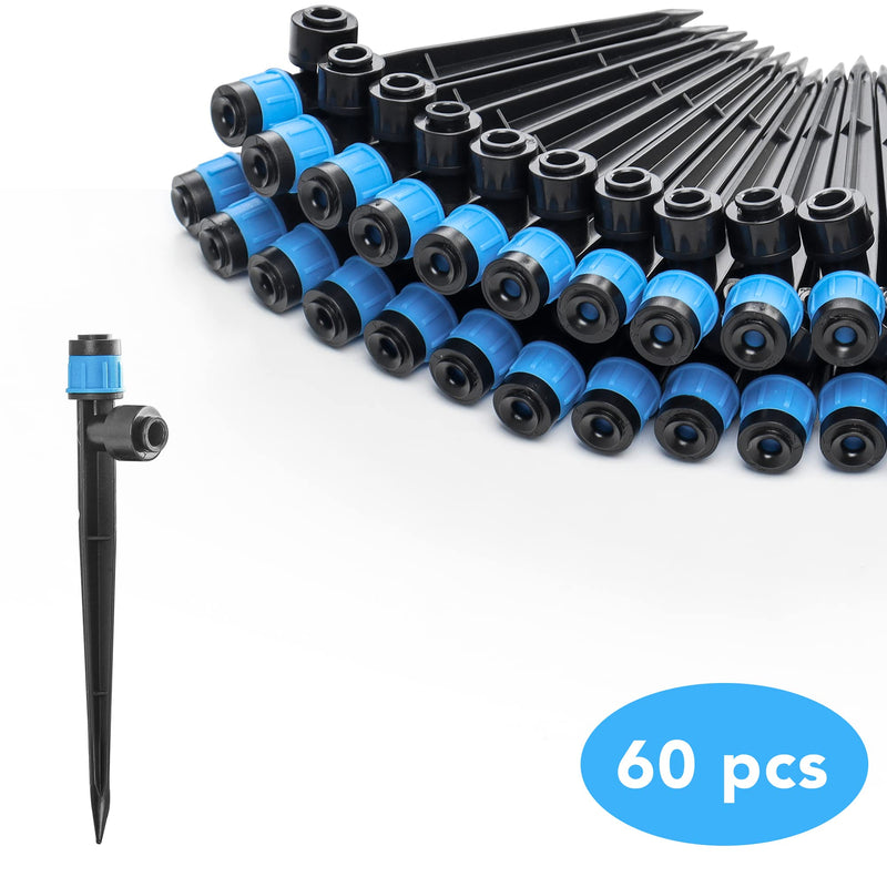 60PCS Easy-Connect Drip Irrigation Emitters Fan Shape for 1/4 inch Irrigation Tubing, Adjustable Water Flow Drip Emitters with Stake Pack of 60 Blue