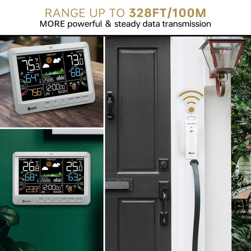 Weather Station Indoor Outdoor Thermometer Wireless, Home Atomic Clock with Large Constant Display, Inside Outside Temperature Humidity Monitor, Dew Heat Point, Barometer Grey