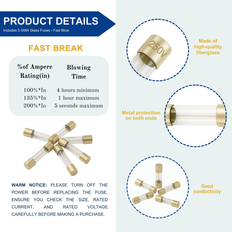 315mA (0.315A) GMA Glass Fuses, 5x20mm (0.20 x 0.79inches), 250V Fast-Blow, Fast Acting Fuses for Electronics, Appliances, and Circuit Protection, 5 Pack 0.315A