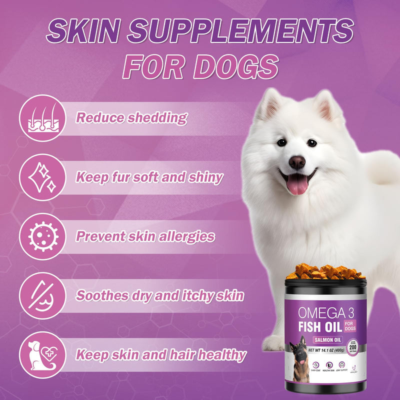 Omega 3 Fish Oil for Dogs Dog Skin and Coat Supplement Shiny Coats Dog Skin Allergy Relief for Dogs Itching Reduce Shedding EPA & DHA Fatty Acids Salmon Oil Supplement 200 Ct
