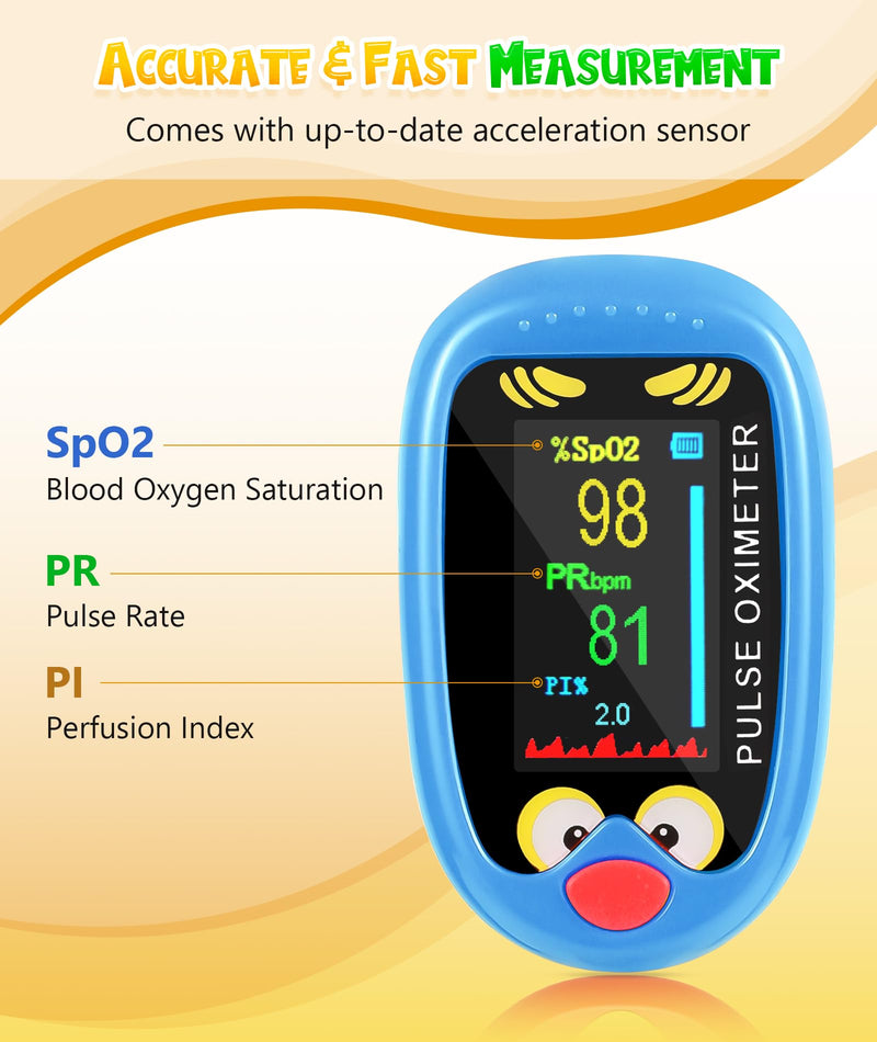 Pediatric Pulse Oximeter, Rechargeable Oximeter for Kids, Baby Oxygen Monitor, Blood Oxygen Saturation, Pulse Rate Monitor, Cute Cartoon Design, USB-C Charging (Blue)