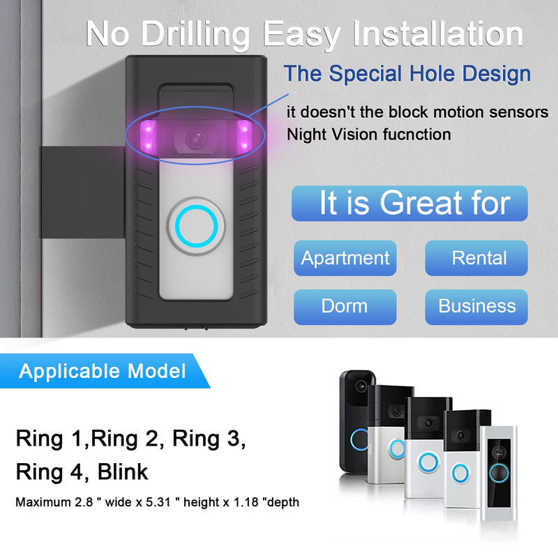 Anti-Theft Doorbell Door Mount,No-Drill Mounting Bracket for Video Doorbell 1/2/3/3 Plus/4/(2020 Release) Not Block Doorbell Motion Sensor for Home Apartment Office Room Rentals, Easy to Install