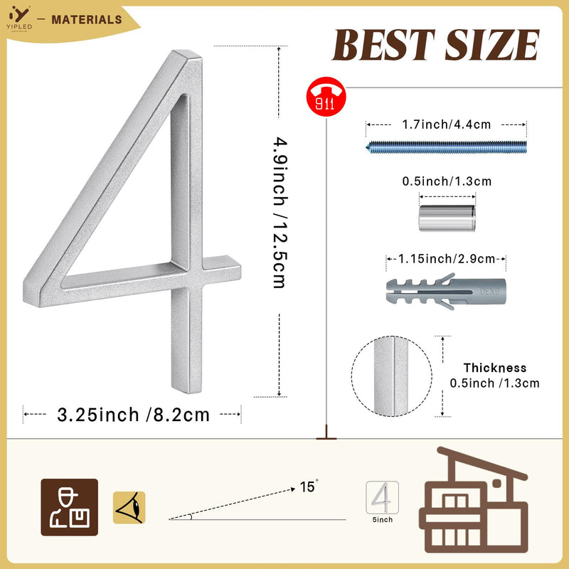 5 Inch House Numbers for Outside, Metal Address Number 4 - Modern Design, Weather-Resistant Silver Powder Coated Finish, No Fading (Silver) 5 Inch