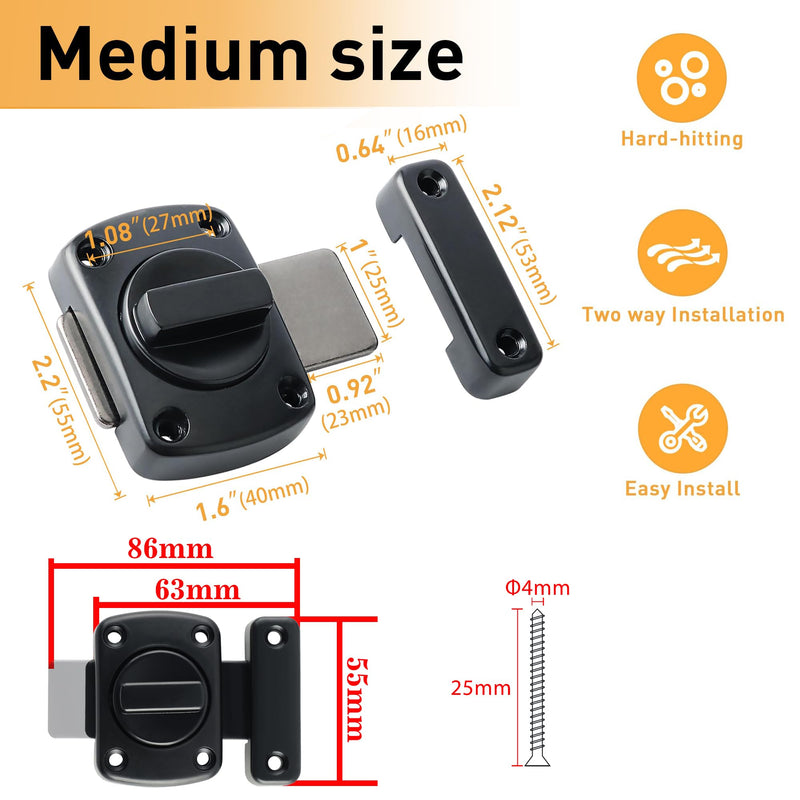 Alise Gate Latch Slide Bolt Latches Lock,Medium Size Safety Double Sided Rotate Gate Hardware for Storage Box, Cabinet,Shed Door, Black,63mmx55m MS220E-B Medium Size