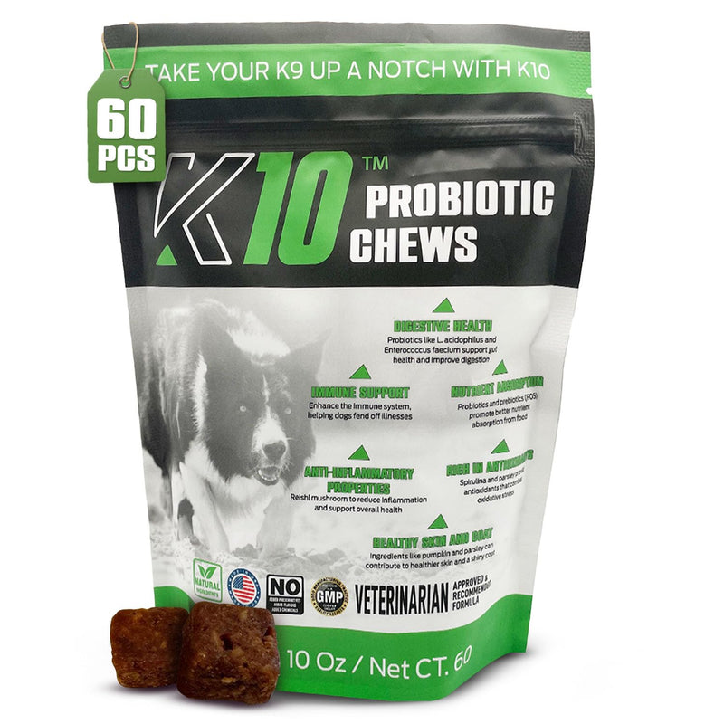 K10 Probiotic Chews for Dogs (60ct) – Advanced Digestive Support with Probiotics, Prebiotics & Superfoods – Vet-Preferred Dog Supplement for Digestion, Immunity, Skin, Coat & Everyday Vitality Probiotic 60 Count